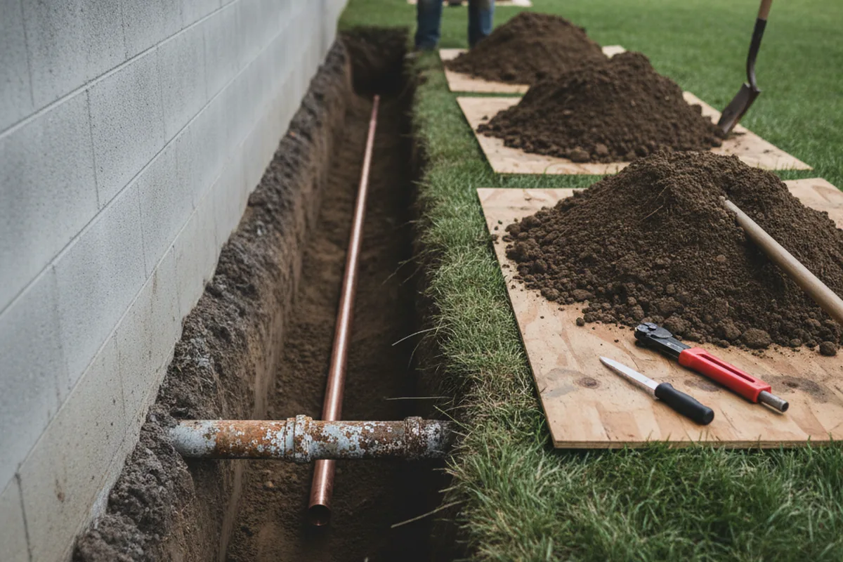 Excavated water line trench during Sewer Line Repair in Ray City